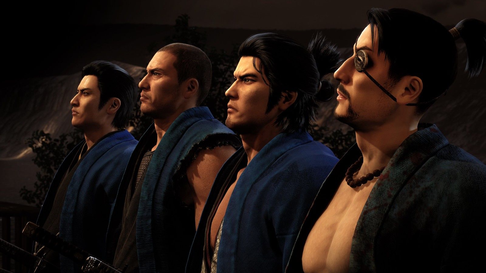 The main characters of Like A Dragon Ishin looking up