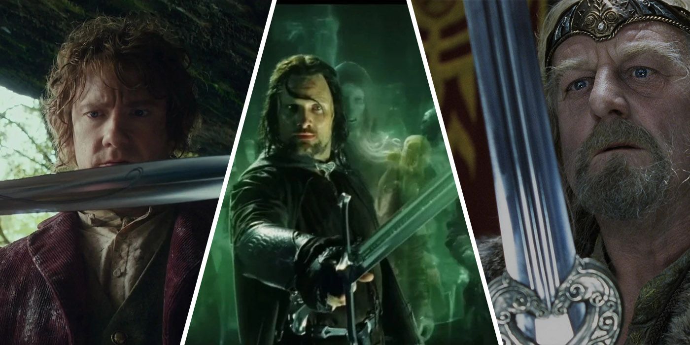 split image of Bilbo with Sting, Aragorn with Andruil, and Theoden with Herugrim