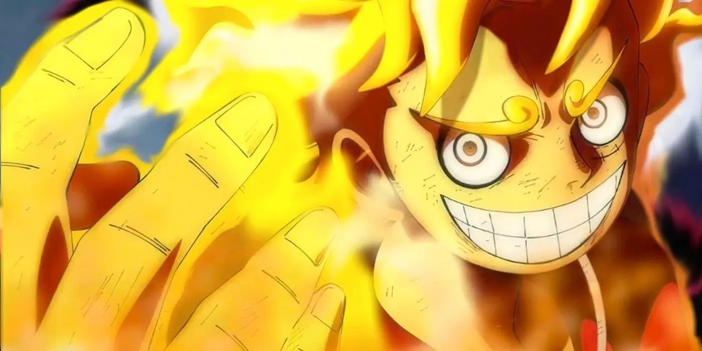 Luffy's face after activating Fifth Gear powers in One Piece