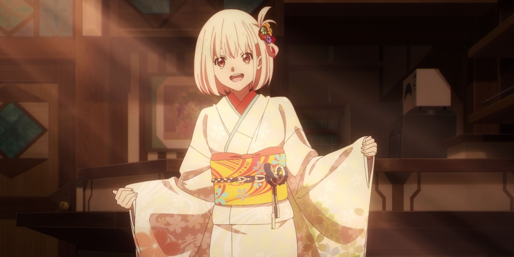 Chisato shows off her kimono in Lycoris Recoil.