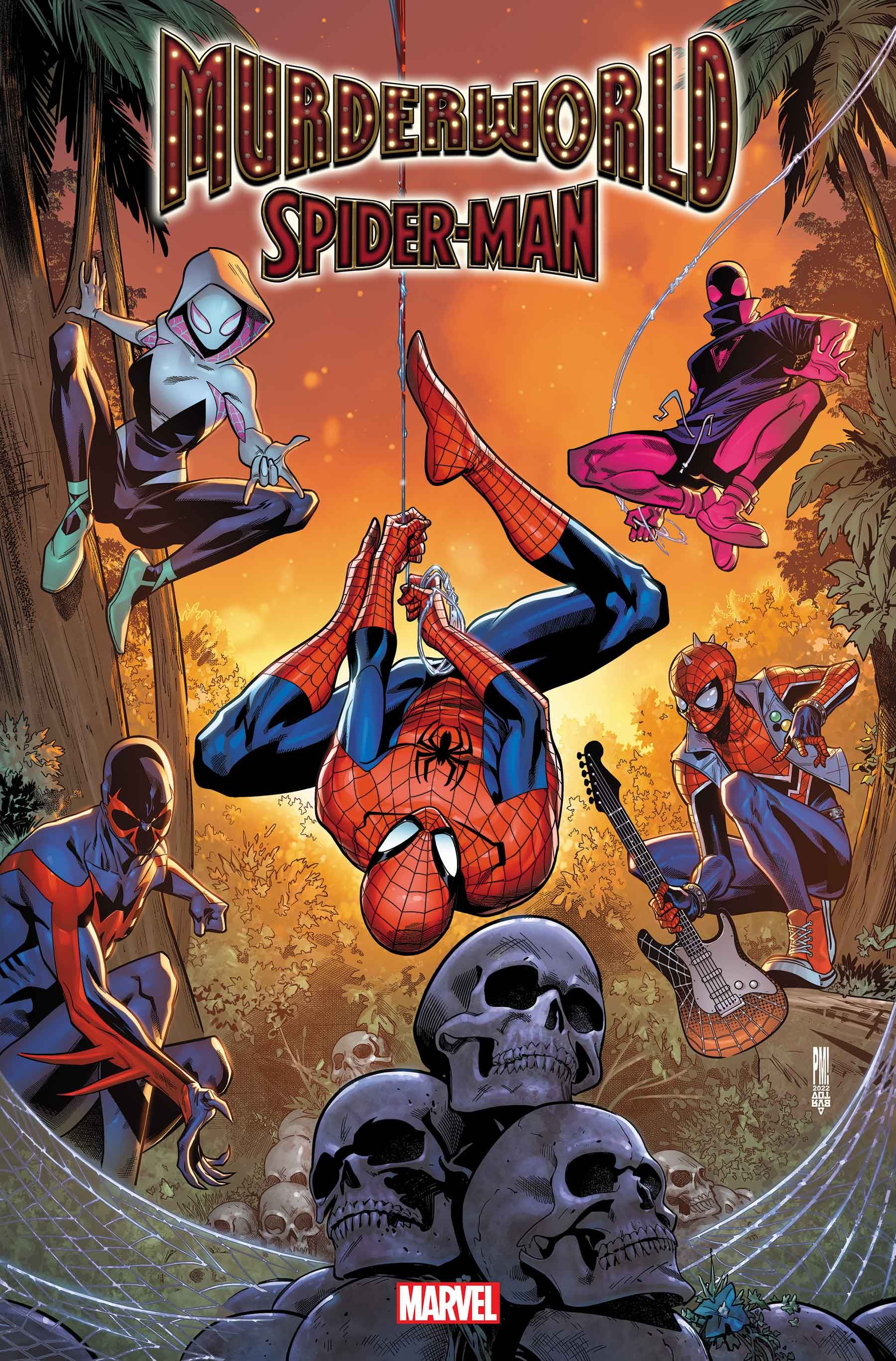 Spider-man hangs above a pile of skulls in murderworld