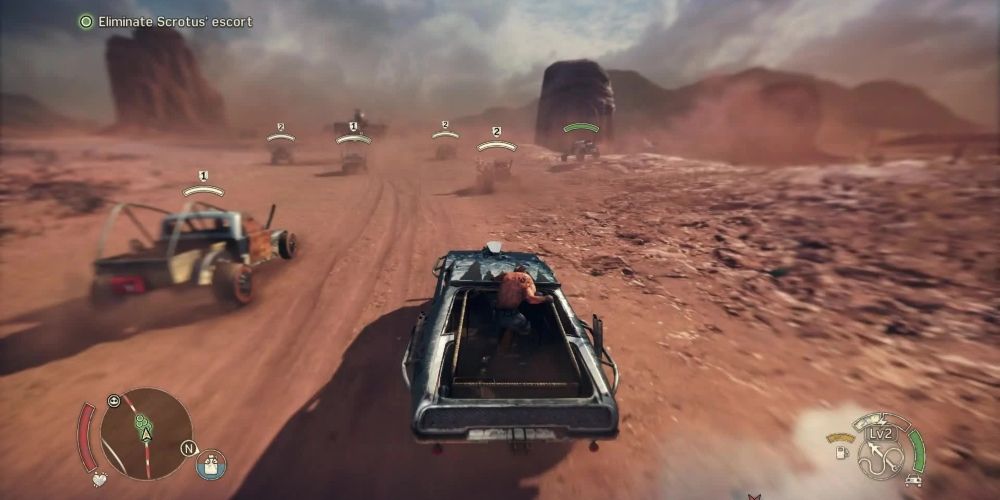 A still of vehicular combat against Scabrous Scrotus in Mad Max video game