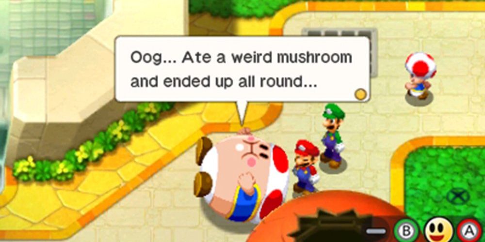 Bloated Toad gets rolled around in Mario And Luigi: Bowser's Inside Story