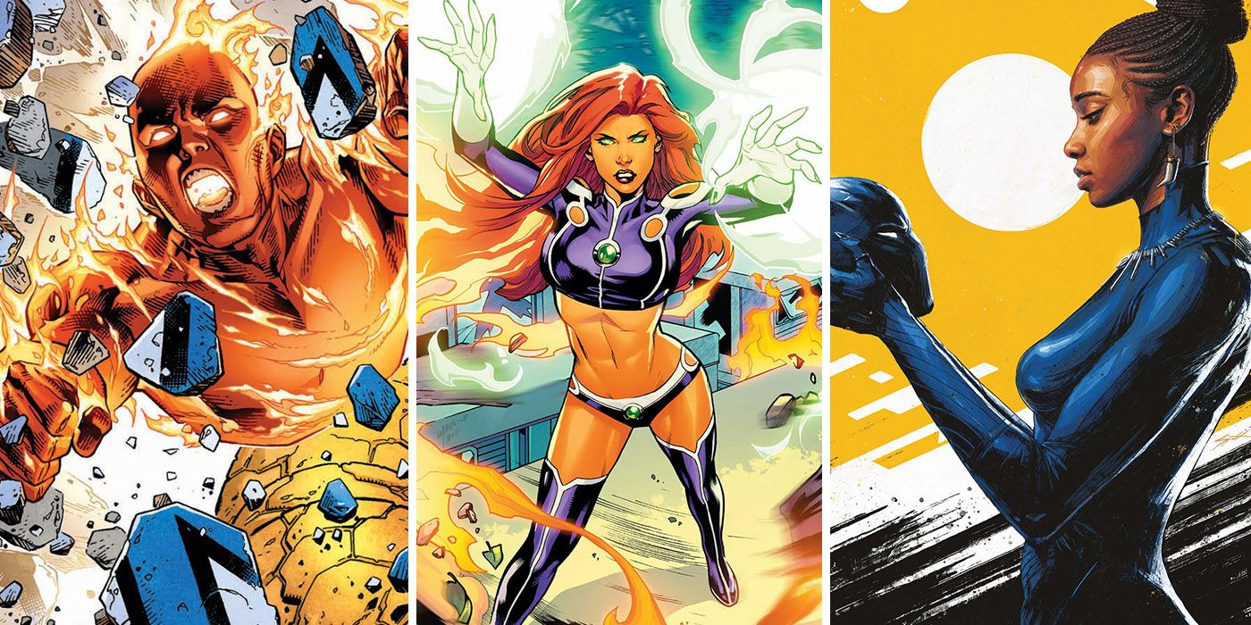 split image of Human Torch, Starfire, and Shuri as Black Panther