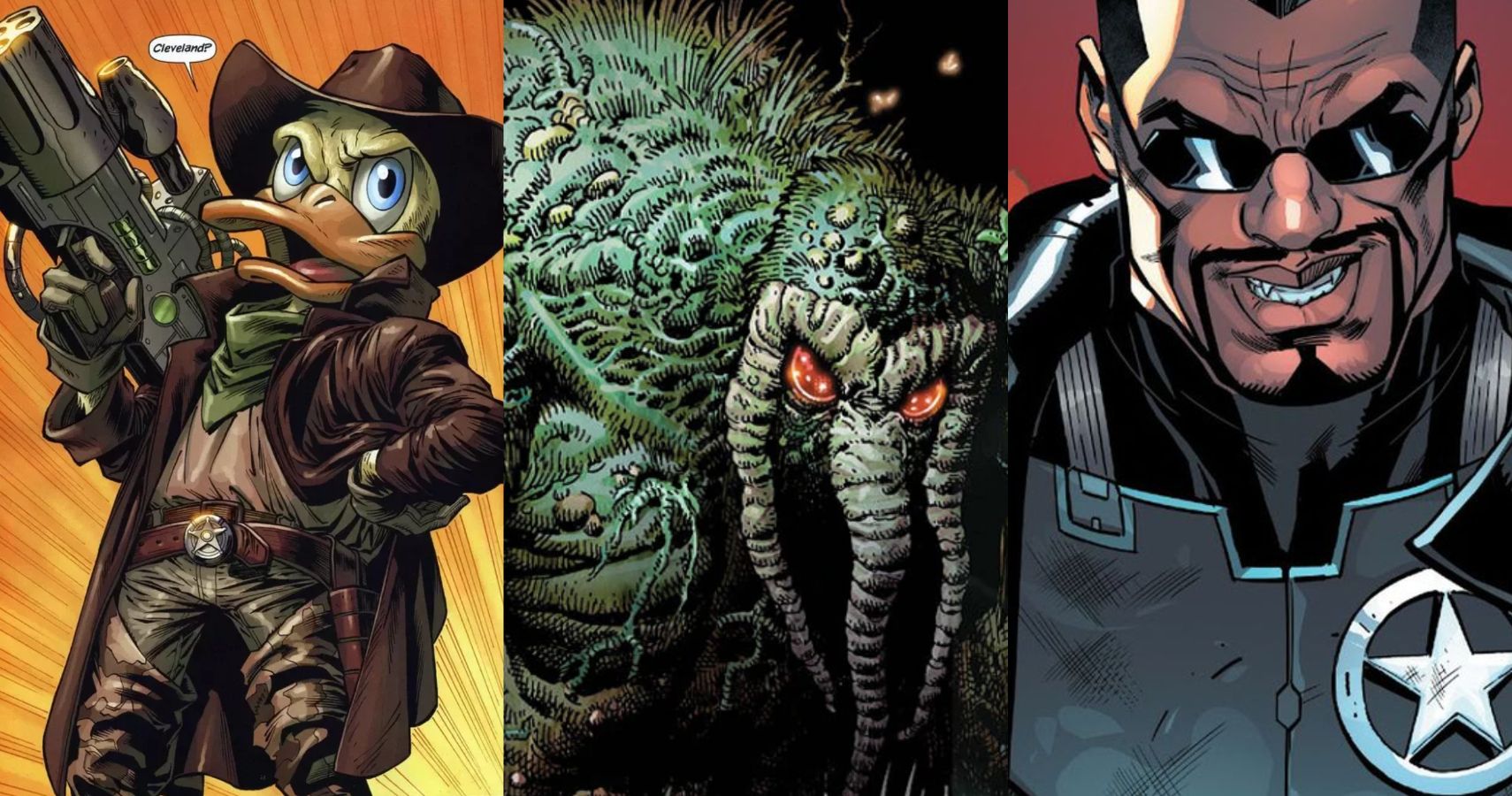 A combined image featuring several characters that deserve a new ongoing series, including Howard the Duck, Man-Thing and Blade.