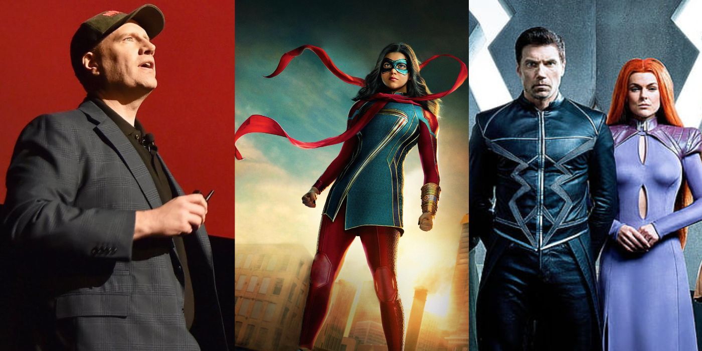 A split image of Kevin Feige speaking at an event, Ms. Marvel poster, Black Bolt and Medusa from Inhumans TV show