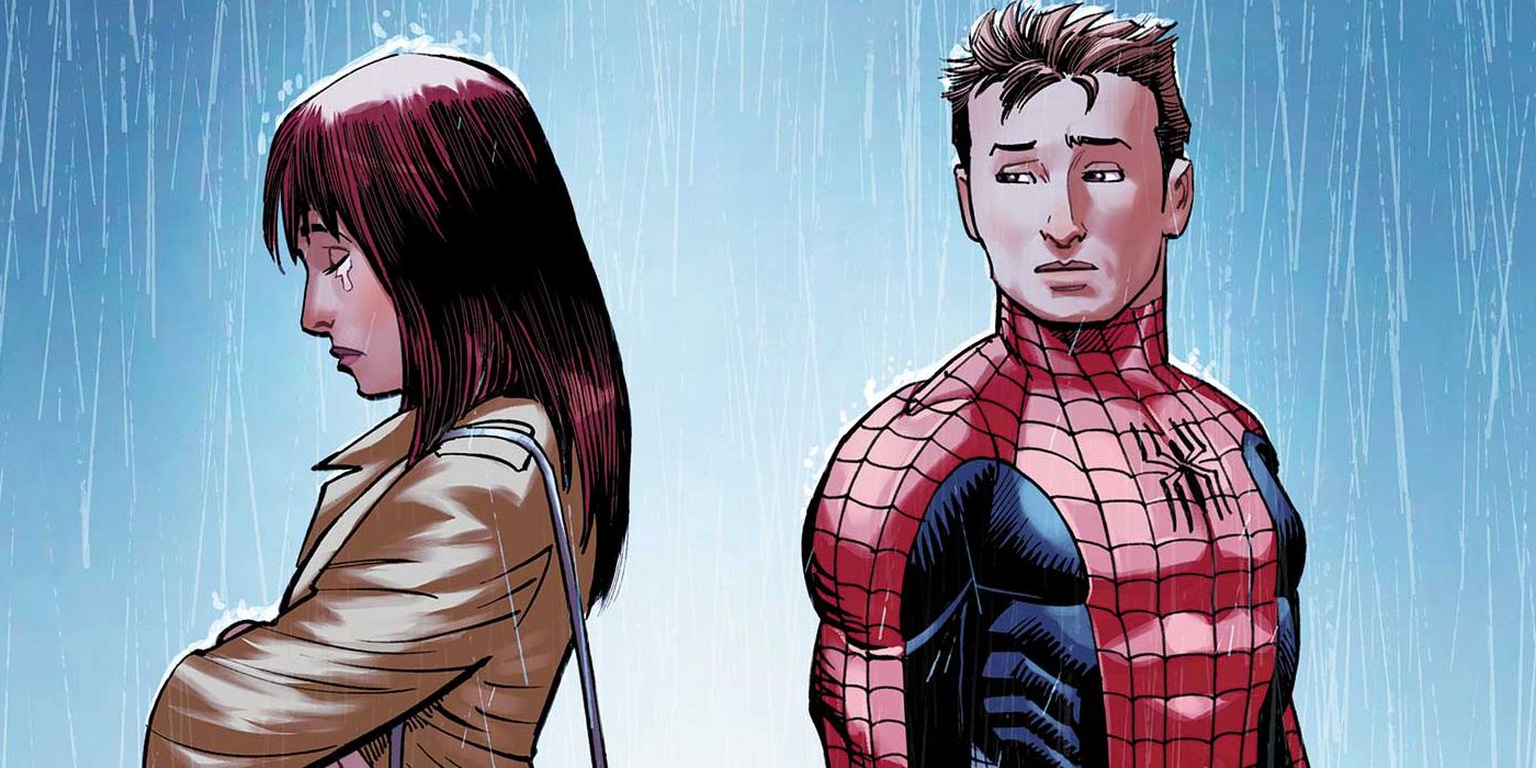 Mary Jane walking away from Spider-Man in the rain in Marvel Comics