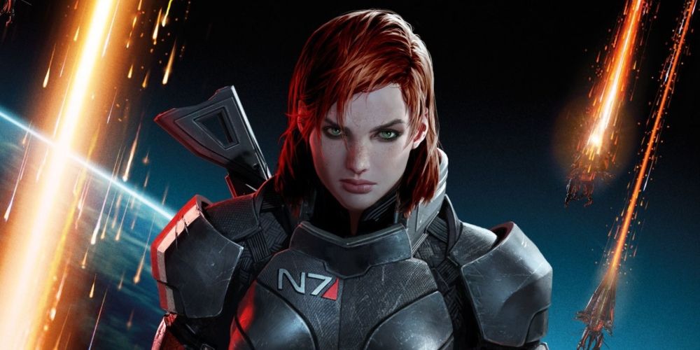 Uma mulher Comandante Shepard na capa de Mass Effect 3.