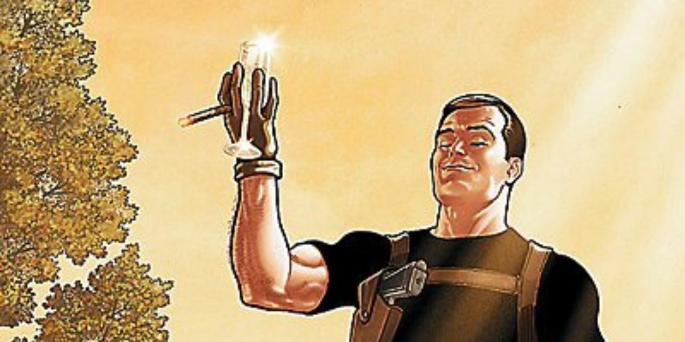 DC Comics' Maxwell Lord holds up a champagne glass and cigar.