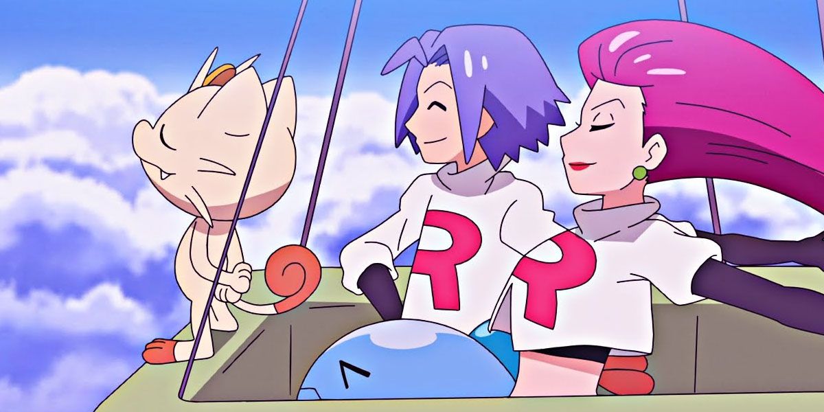 Meowth, Wobuffet, James, And Jessie ride a hot air balloon In Pokemon anime