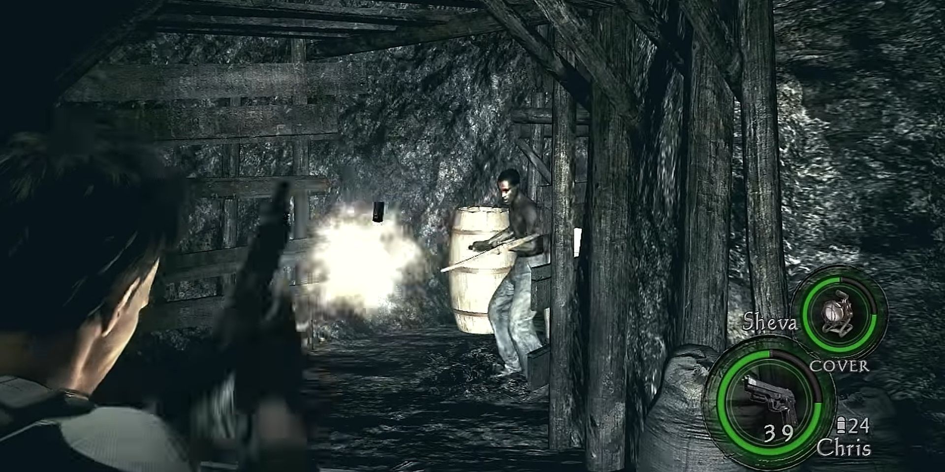 Chris Redfield fighting an enemy in Level 2-2's mineshaft Resident Evil 5