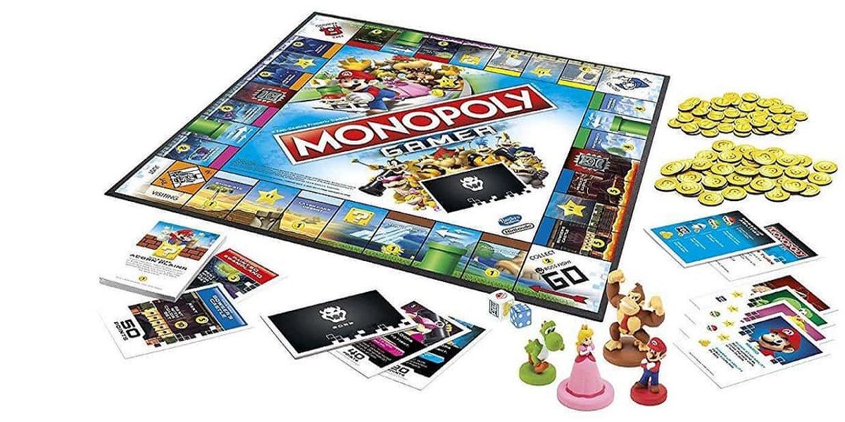 O tabuleiro e as peças do jogo Monopoly Gamer Edition.