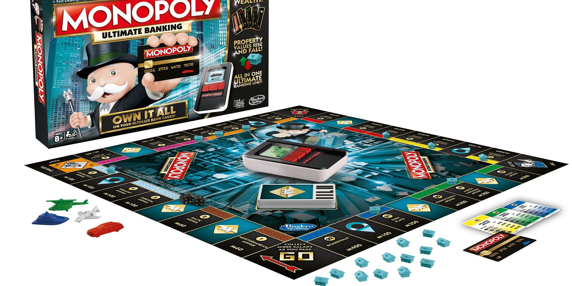 O tabuleiro e as peças do jogo Monopoly Ultimate Banking.