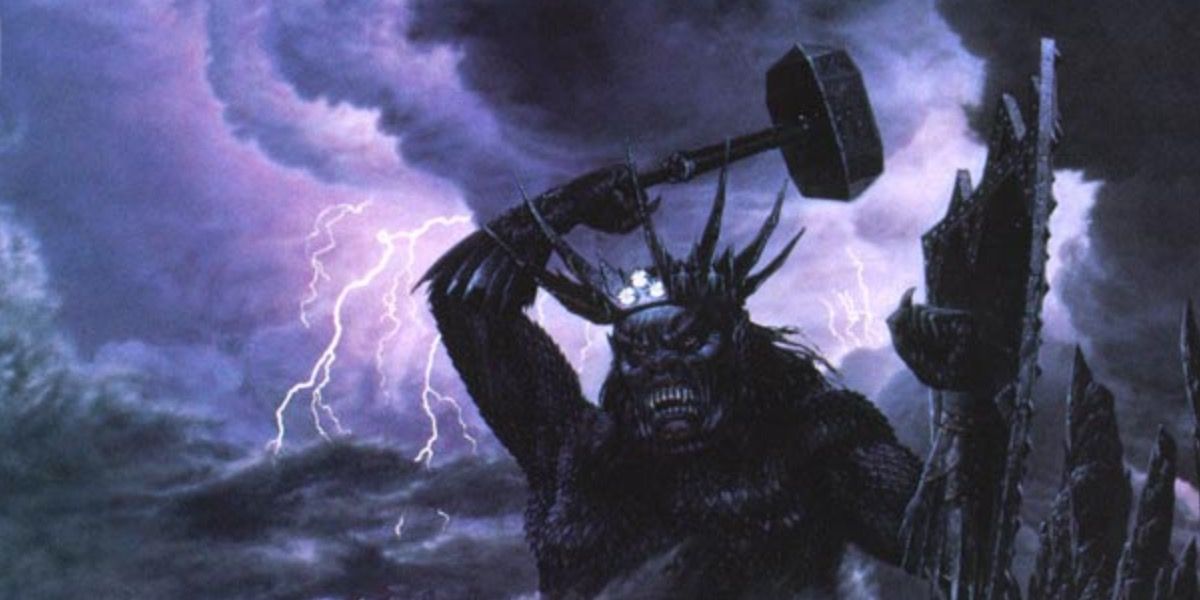 Morgoth raising his hammer Grond by Ted Nasmith