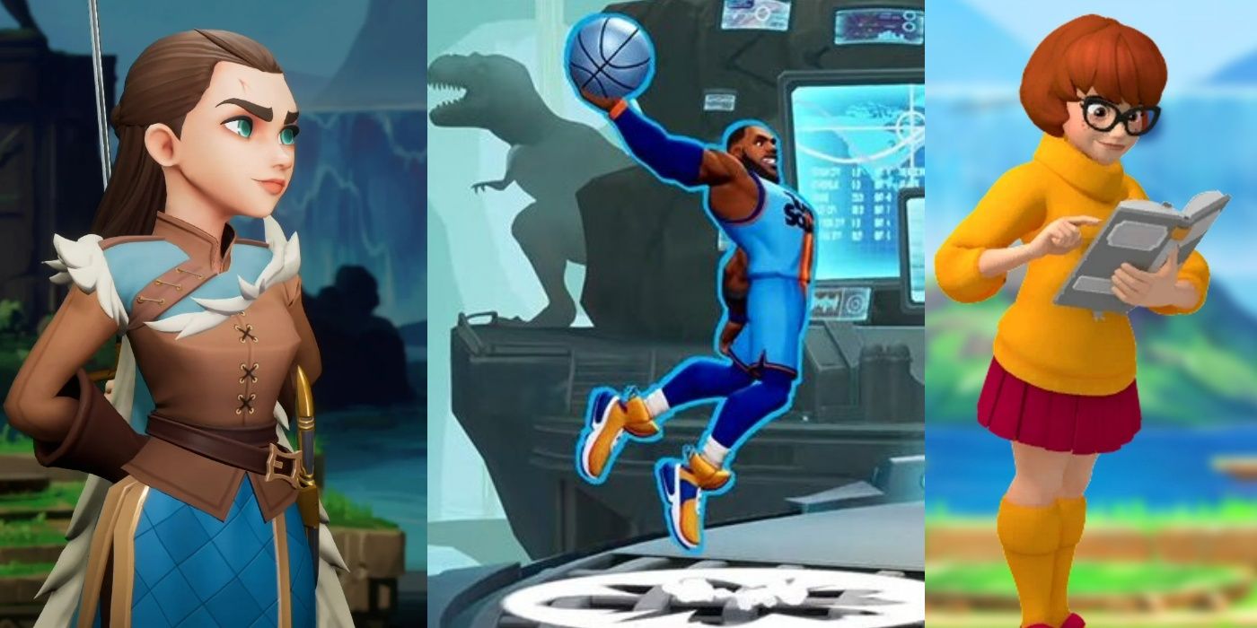 A split image featuring playable characters from MutiVersus, including Arya Stark, Lebron James, and Velma