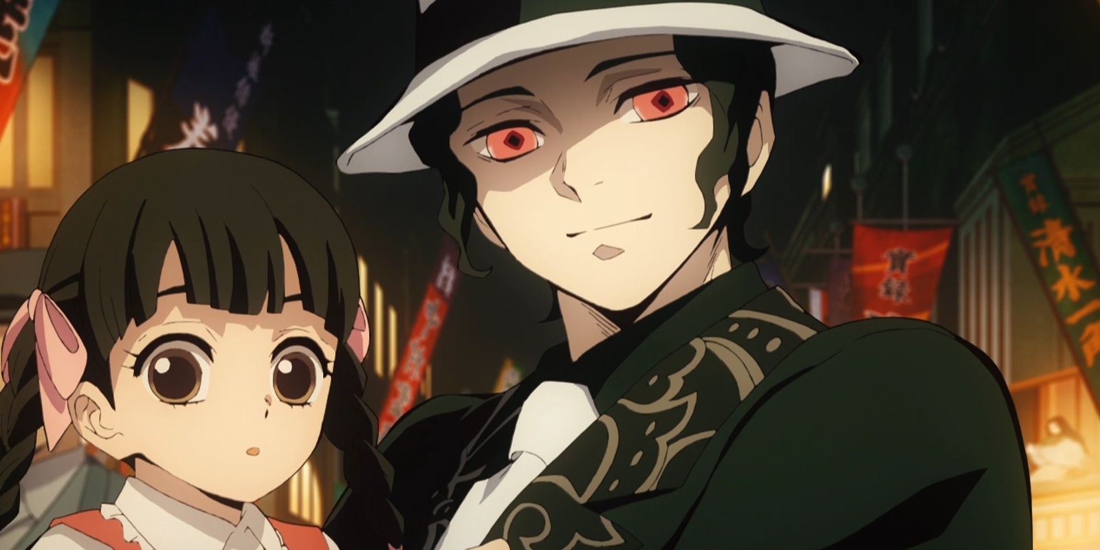 Muzan Kibutsuji, the main antagonist of Demon Slayer, walking down the street with his daughter