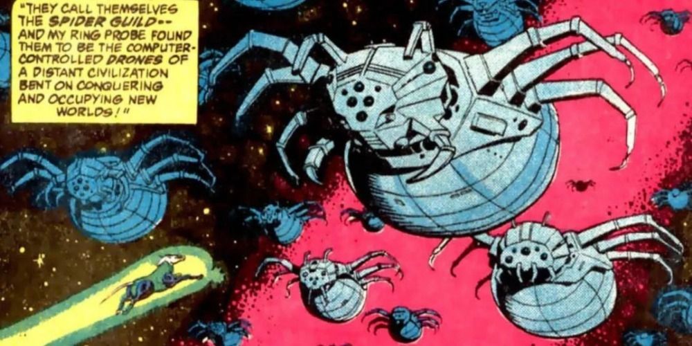 The spider guild's drones (robotic spiders) flying through space 