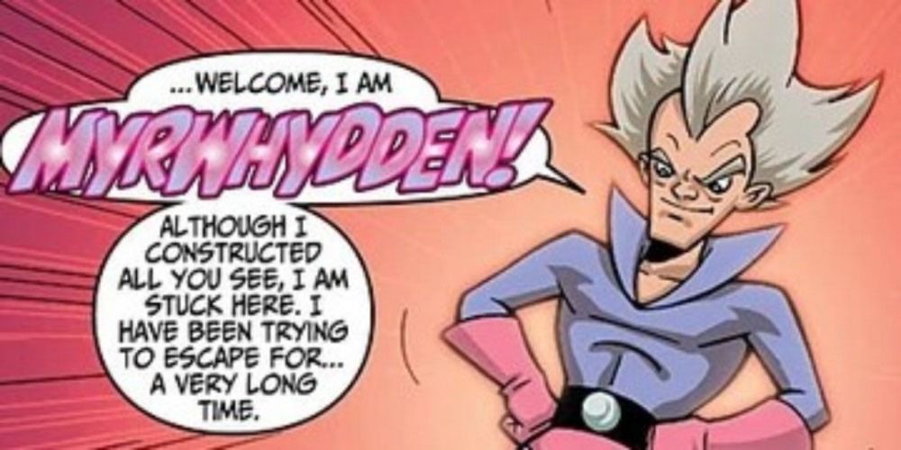 Myrwhydden from the comics with wild grey hair wearing a purple outfit
