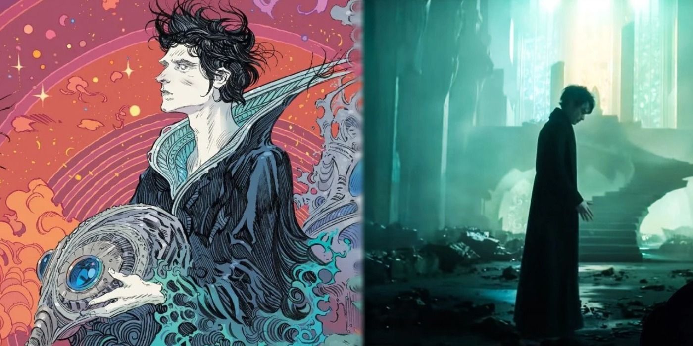 Sandman from the comics on the left with a colourful background, sandman from the tv show on the right with dull, dark surroundings