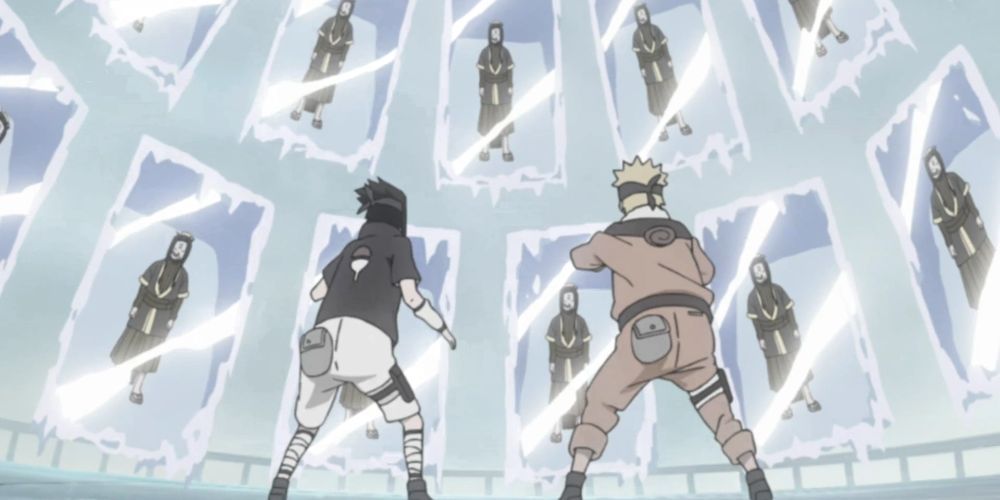 Naruto and Sasuke caught in Haku's Demonic Mirroring Ice Crystals in Naruto.