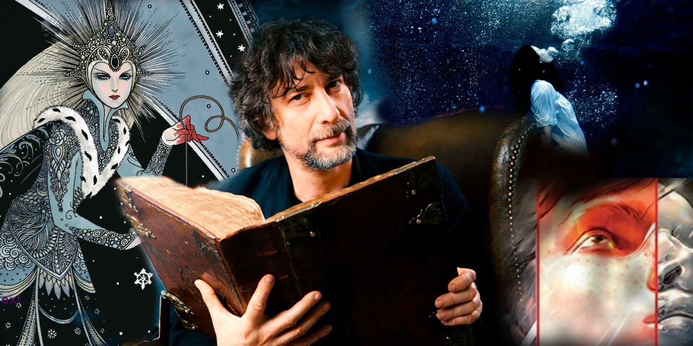 Neil Gaiman holding a book sitting in a chair surrounded by images from his work 