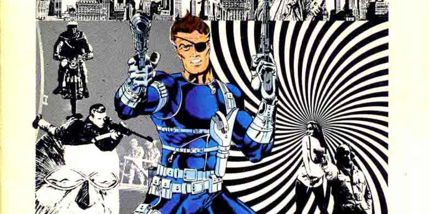 The cover to Nick Fury: Agent of S.H.I.E.L.D. #4 by Jim Steranko featuring Nick Fury pointing a pistol forward against a psychedelic, black and white background
