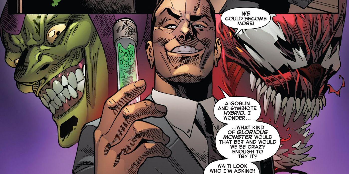 Norman Osborn enhancing the Carnage symbiote with the Goblin Formula