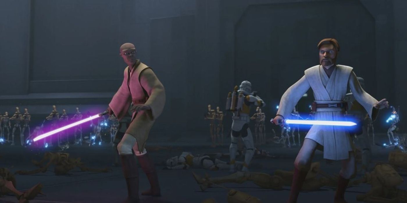 Obi-Wan and Mace Windu with their lightsabers in Star Wars The Clone Wars.