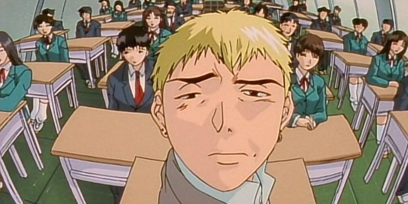 Onizuka becomes a teacher and looks at the camera in GTO: Great Teacher Onizuka