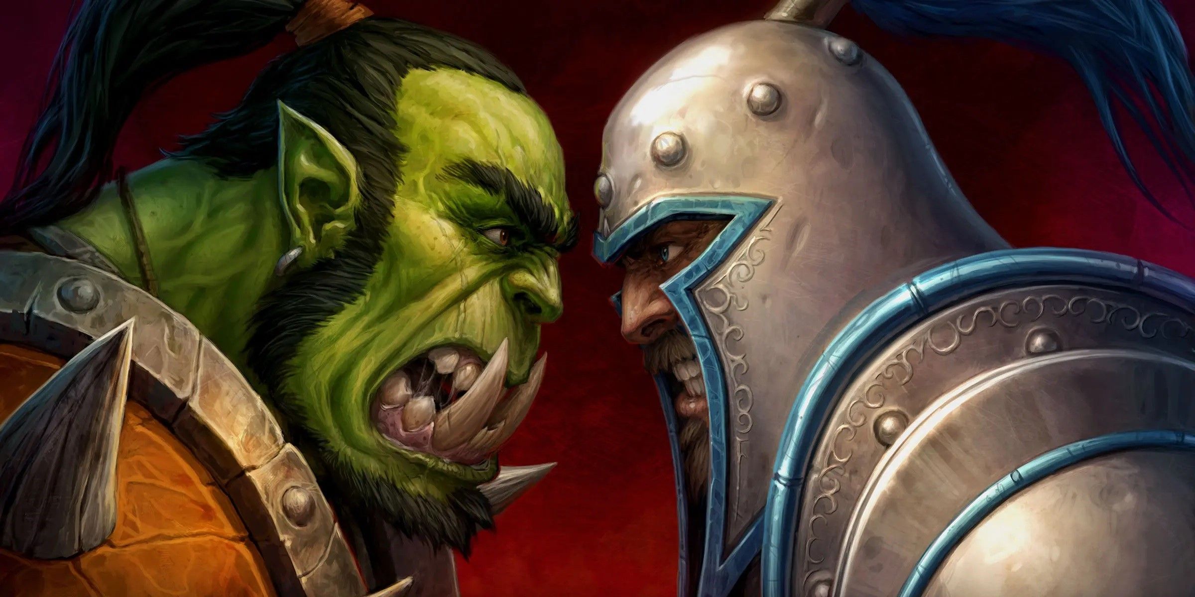 An Orc from World of Warcraft Looking Angrily At A Human