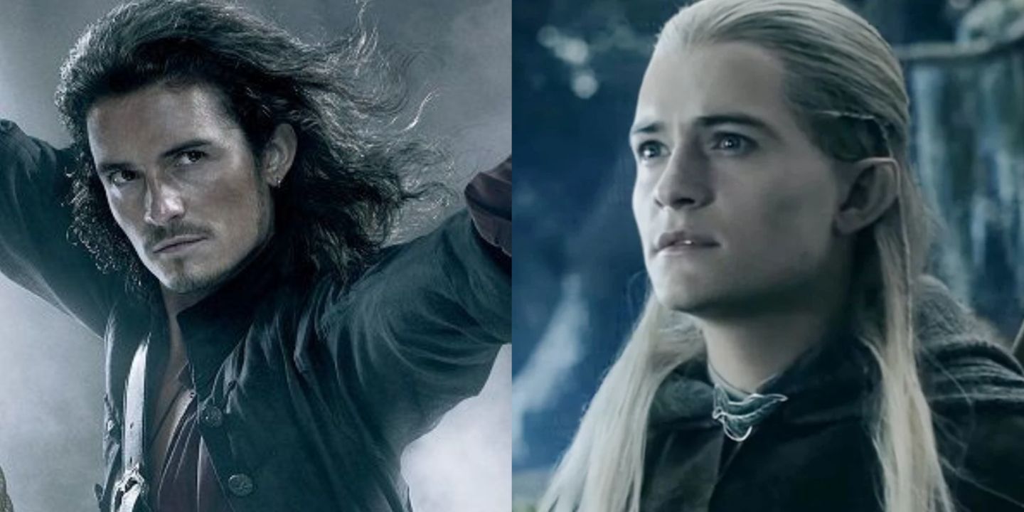 A split image of Orlando Bloom as Will Turner from The Pirates of the Caribbean and as Legolas from The lord of the Rings