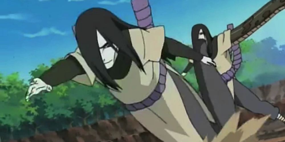 Orochimaru slips away at Naruto.