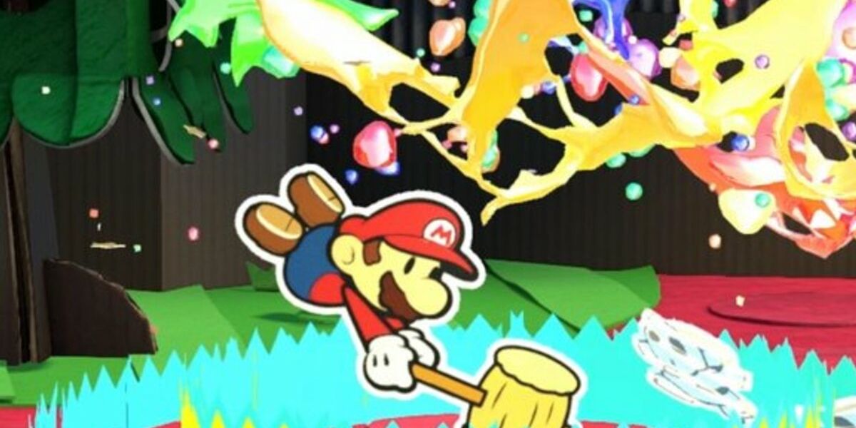 Mario uses his hammer to create rainbow-colored chaos in Paper Mario Color Splash for the Wii U game
