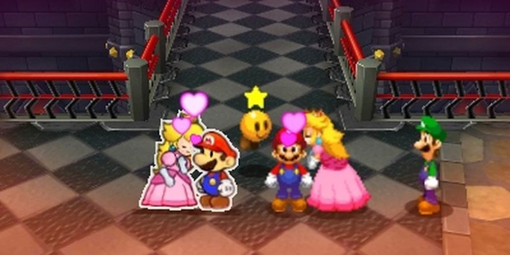Mario and Paper Mario get kisses from Peach in Paper Mario Paper Jam Crossover Game