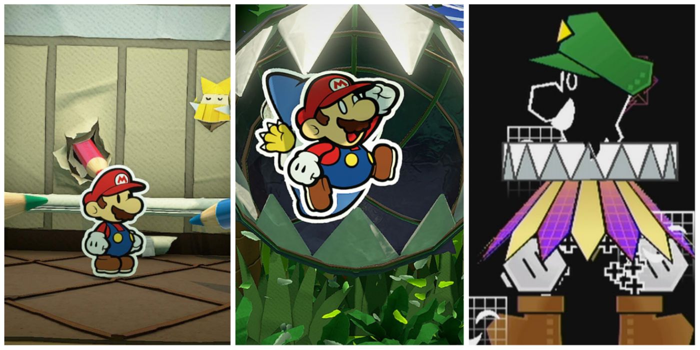 A split image of gameplay screenshots from the Paper Mario Series