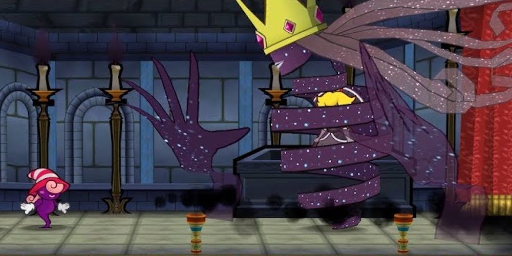 Shadow Queen Princess Peach attacks Mario and Vivian in Paper Mario: The Thousand-Year Door