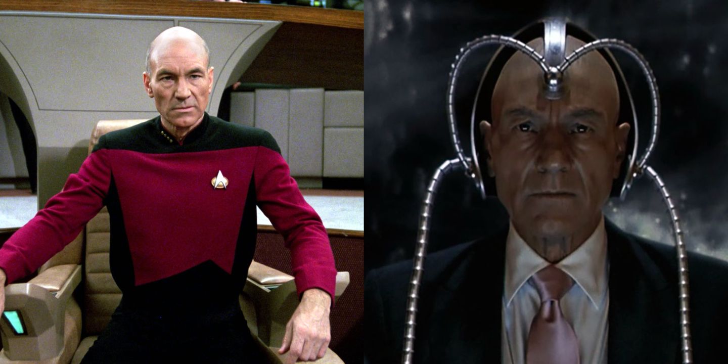 A split image of Patrick Stewart as Captain Jean-Luc Picard from Star Trek and as Professor Charles Xavier from X-Men