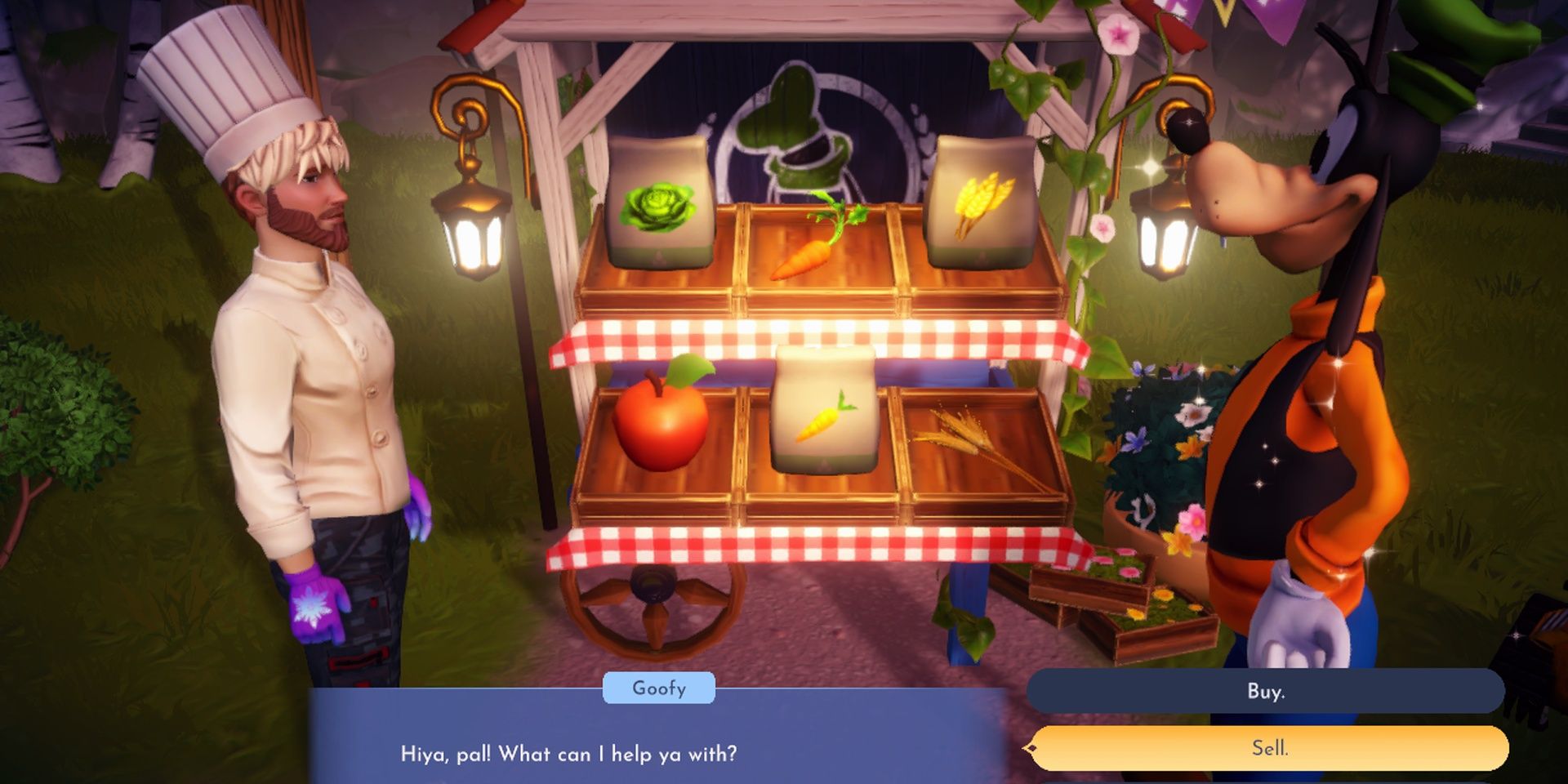 Player selling crops to Goofy in Disney Dreamlight Valley