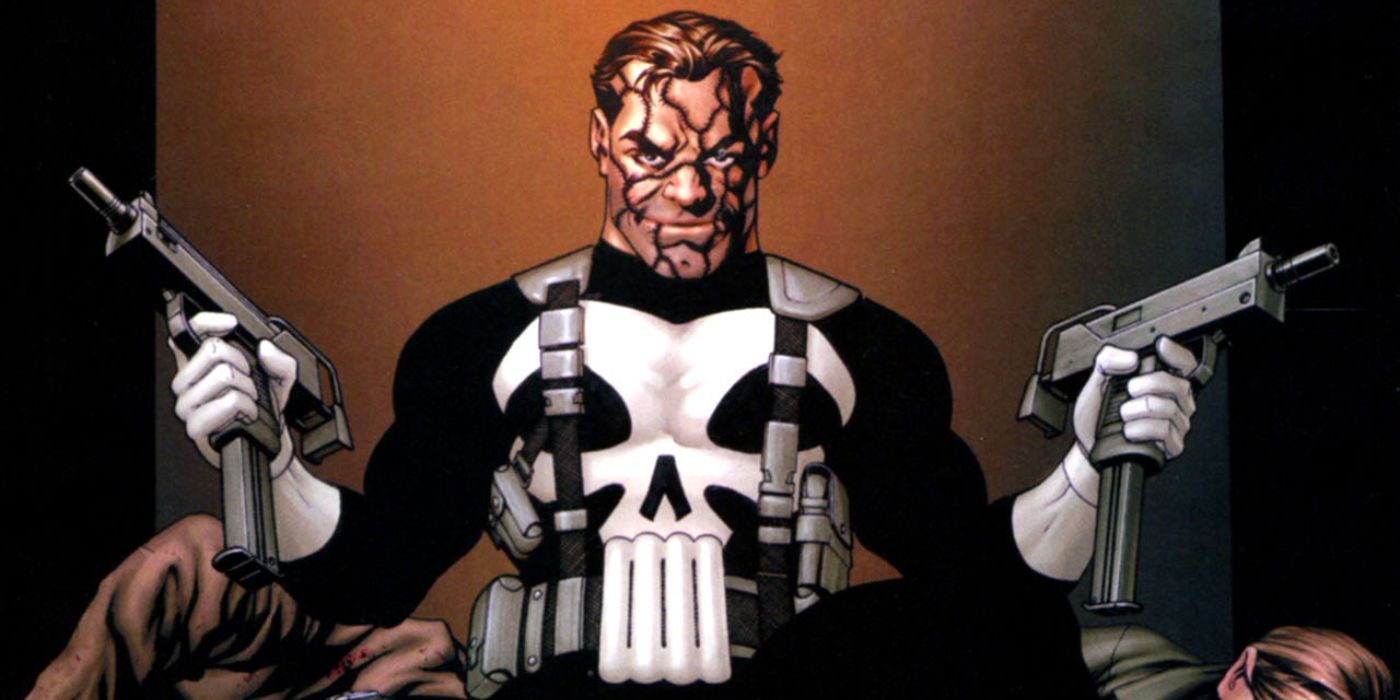 Punisher holds an Uzi in each hand while blood trickles down his face in Marvel Comics