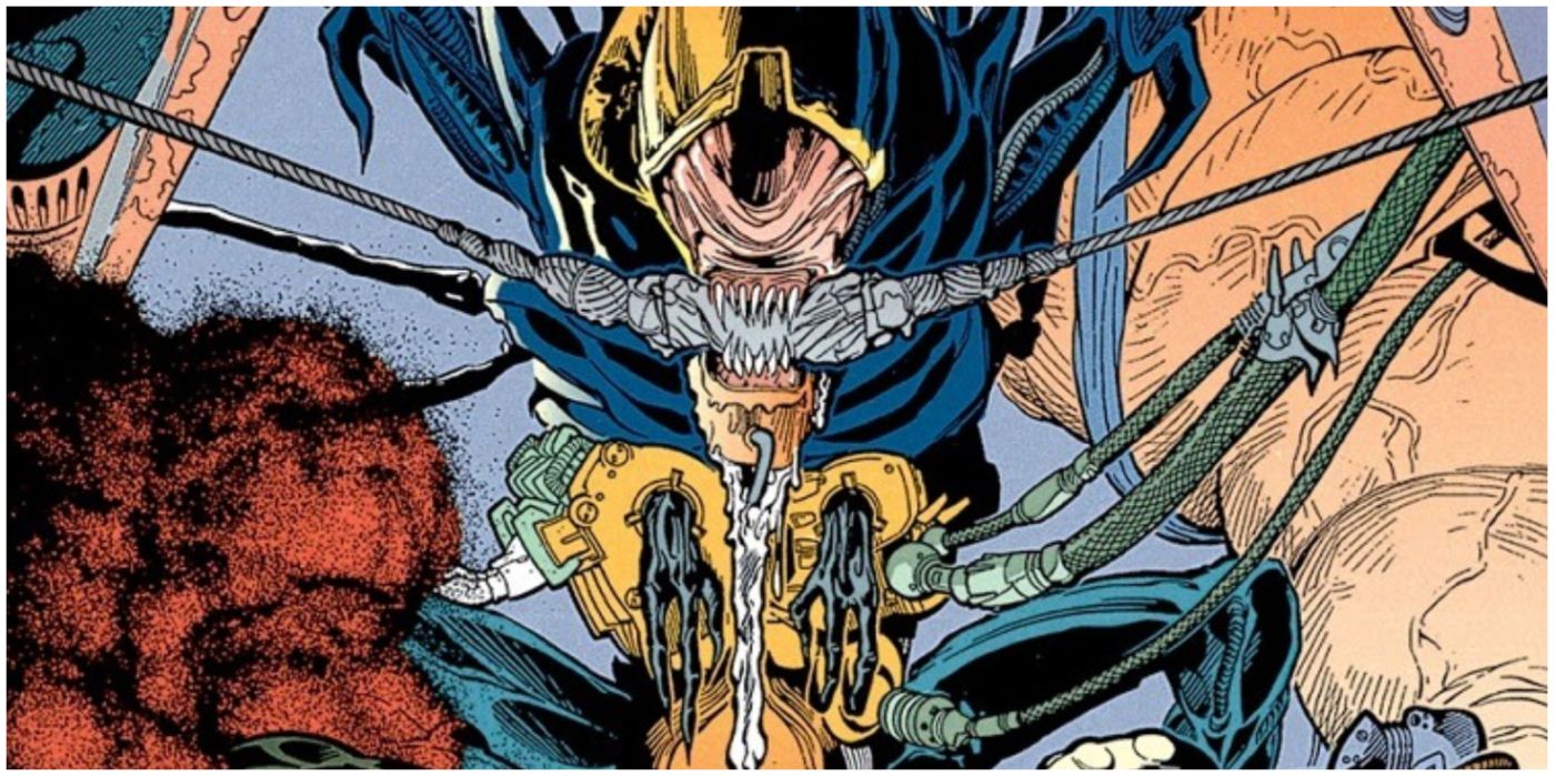 Queen Xenomorph attached to a scientific contraption in Dark Horse Comics