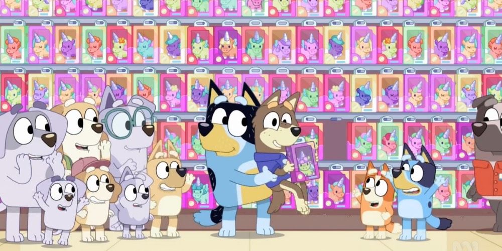 A Bluey character holds a dolls in a toy store in the episode "Quiet Game"