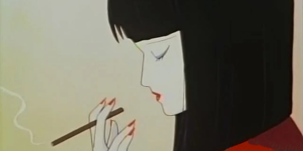 A young enigmatic girl who is the young artist Hiroshi's muse smokes a cigarette in the movie Radio City Fantasy.