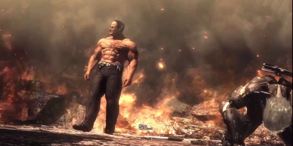Senator Armstrong fighting Raiden in the final boss fight of Metal Gear Rising: Revengeance