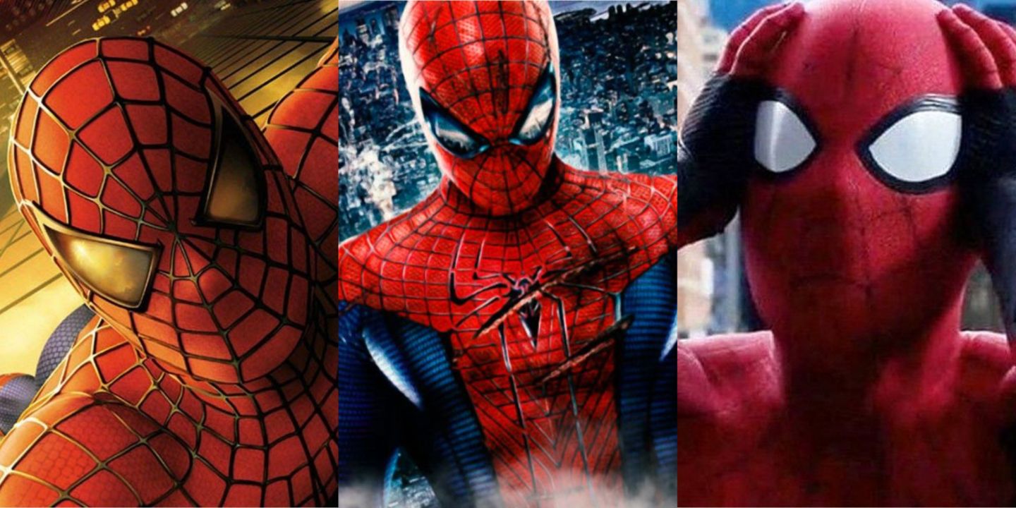 A split image featuring Spider-Man from the Raimi trilogy, the Webb movies, and the Watts trilogy