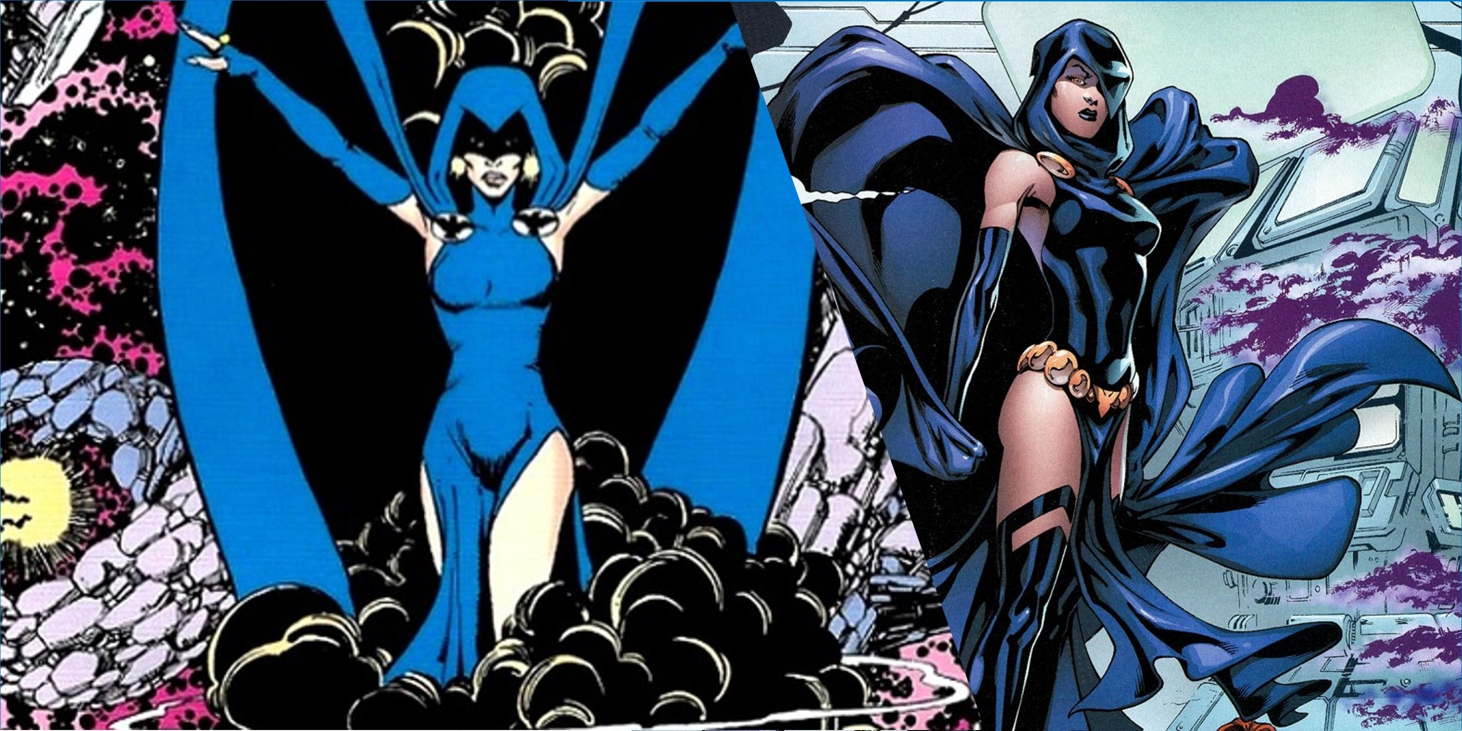 DCコミックスのレイヴンの初期と最近のイテレーションの分割画像