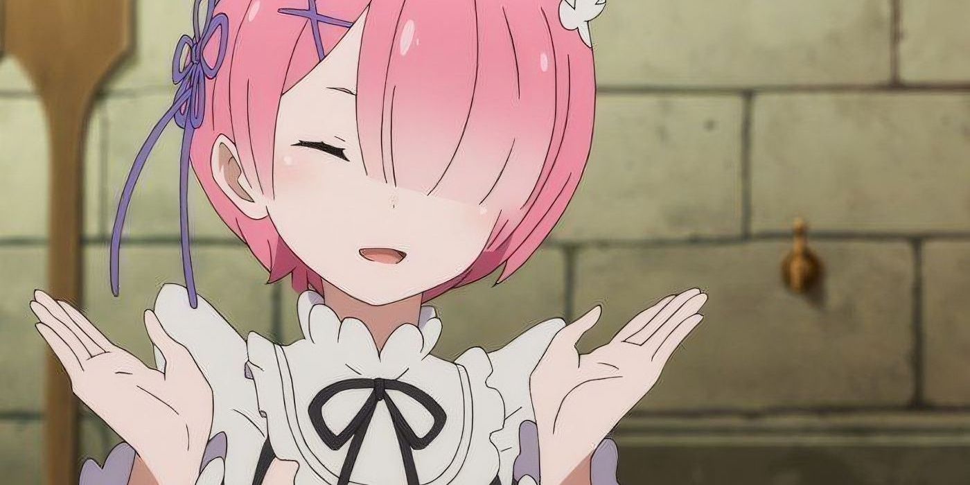 Ram clapping and smiling happily in Re:Zero.