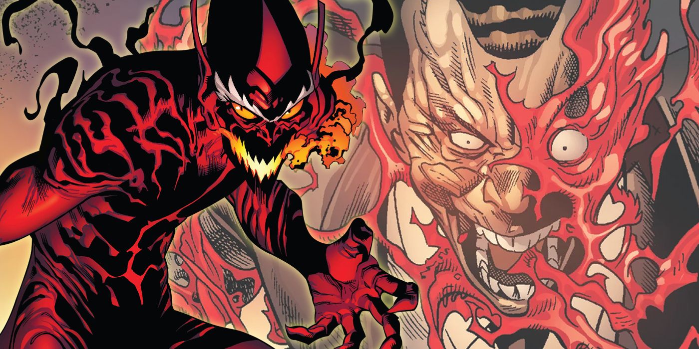 Red Goblin and Norman Osborn bonding with the Carnage symbiote split image