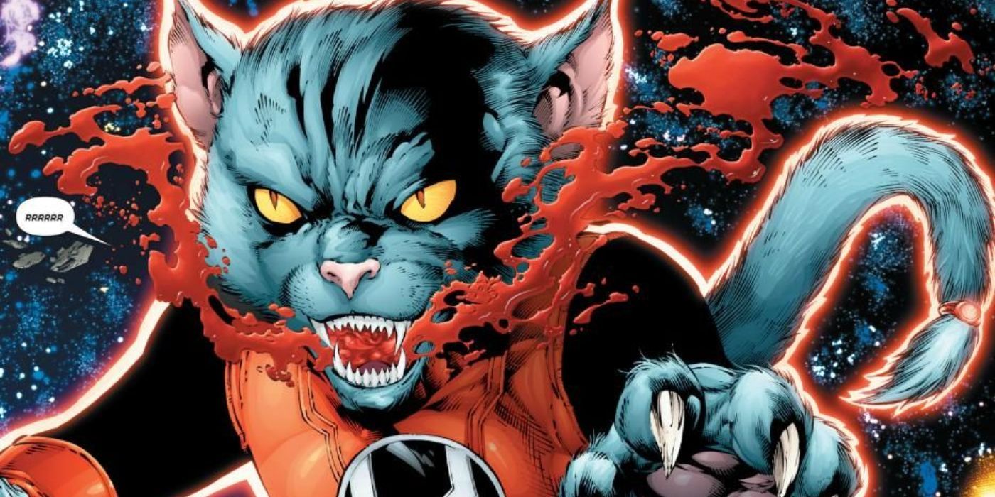Red Lantern Dex-Starr flies through space with rage-blood flying from his mouth