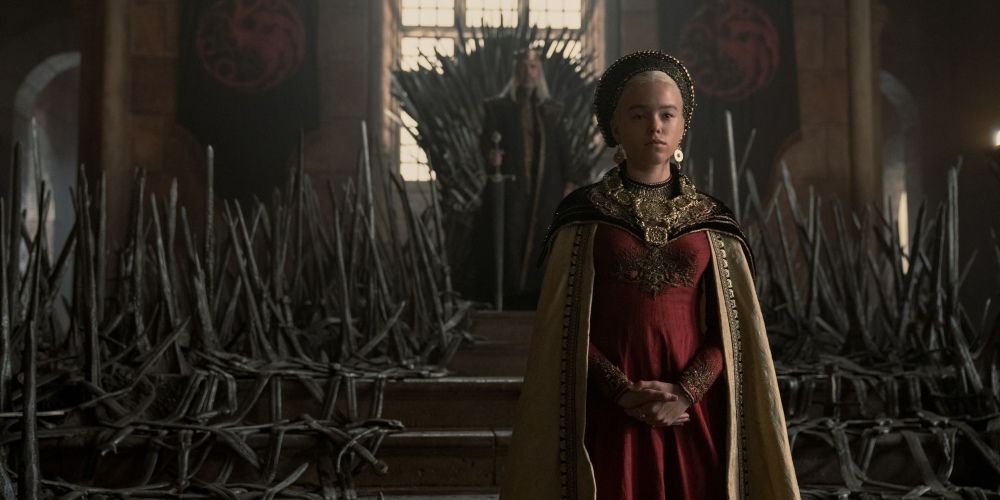 Rhaenyra Targaryen standing before the Iron Throne in House of the Dragon