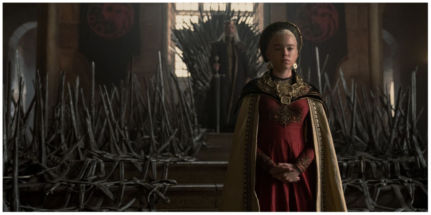 Rhaenyra Targaryen with King Viserys behind her in House of the Dragon 
